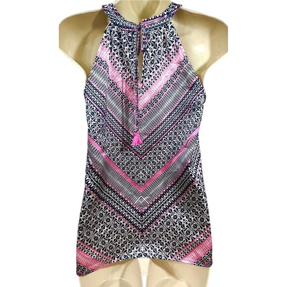 The Limited Mock Neck Tank Blouse Satin Feel Geometric Pink Navy White Size XS - Picture 12 of 12